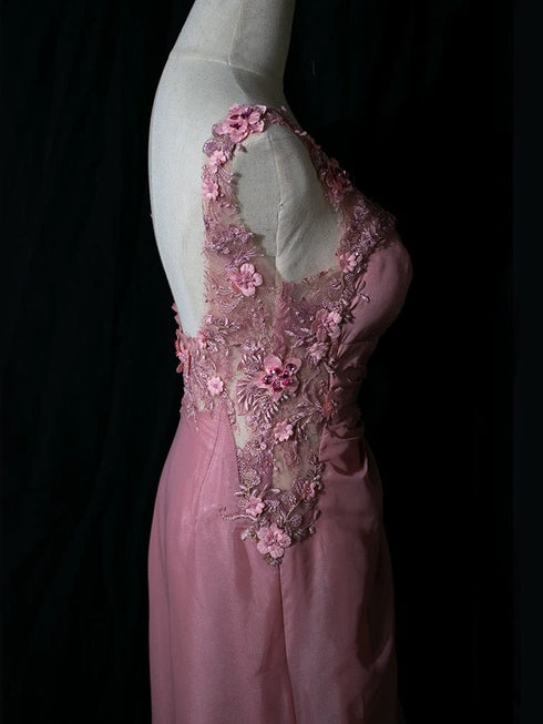 Blush Pink Evening Gown - Embellished Floral Dress - Romantic Lace Low back Evening Dress